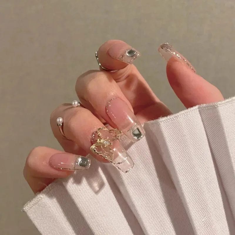 Set of 24 Showlu Fashion Store mid-length coffin press-on acrylic false nail tips with natural finish and full cover design.