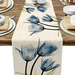  Showlu Fashion Store 33X183cm / blue Tulip Linen Table Rustic Farmhouse Style Table Runner 13X70 Inch,Kitchen Dining Table Decoration for Indoor Outdoor Home