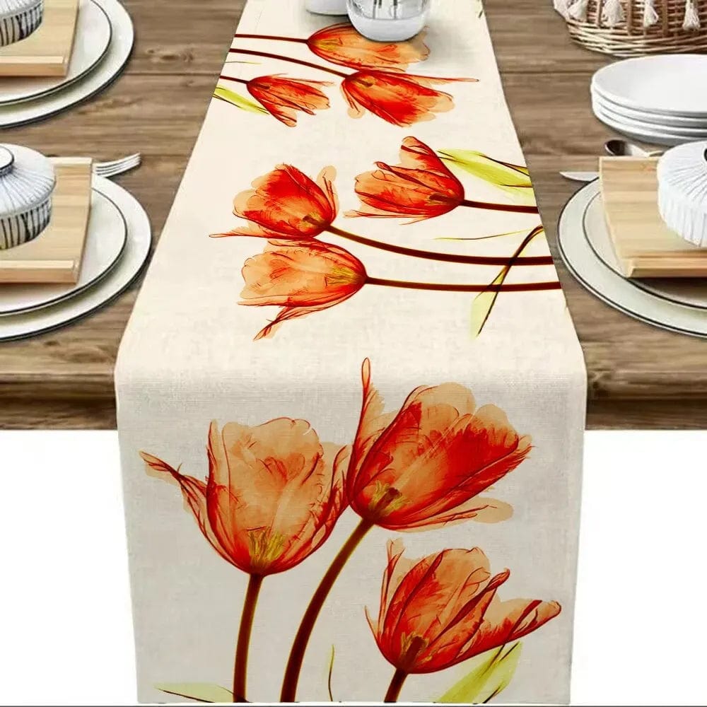  Showlu Fashion Store 33X183cm / orange Tulip Linen Table Rustic Farmhouse Style Table Runner 13X70 Inch,Kitchen Dining Table Decoration for Indoor Outdoor Home