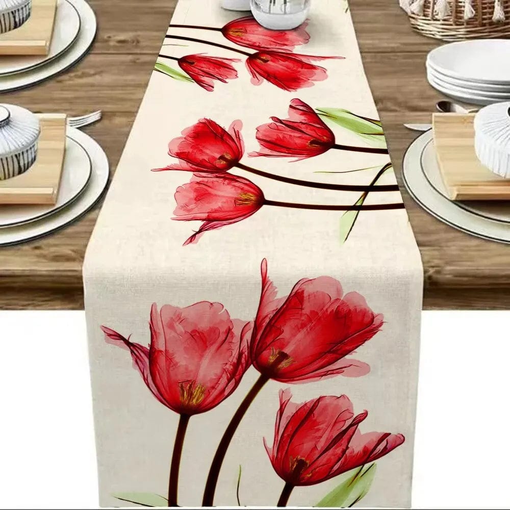  Showlu Fashion Store 33X183cm / red Tulip Linen Table Rustic Farmhouse Style Table Runner 13X70 Inch,Kitchen Dining Table Decoration for Indoor Outdoor Home