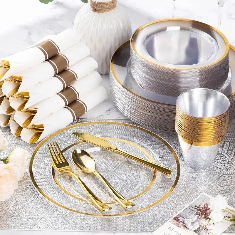 Showlu Fashion Store 350 Piece Plastic Dinnerware Set for Party,Clear Disposable Plates for 50 Guests ,Include: Dinner Plastic Plates, Rolled Napkins