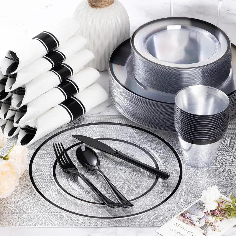 Showlu Fashion Store 350 Piece Plastic Dinnerware Set for Party,Clear Disposable Plates for 50 Guests ,Include: Dinner Plastic Plates, Rolled Napkins