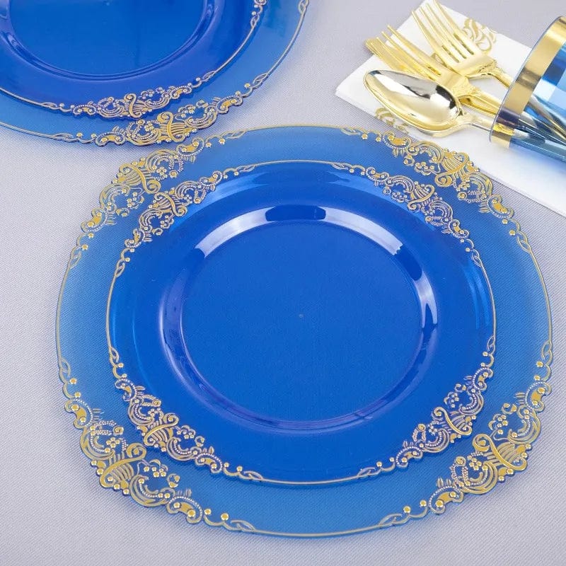 Showlu Fashion Store 350PCS Blue Plastic Plates - Blue Plastic Dinnerware Sets for 50 Guests - 100 Blue Disposable Party Plates