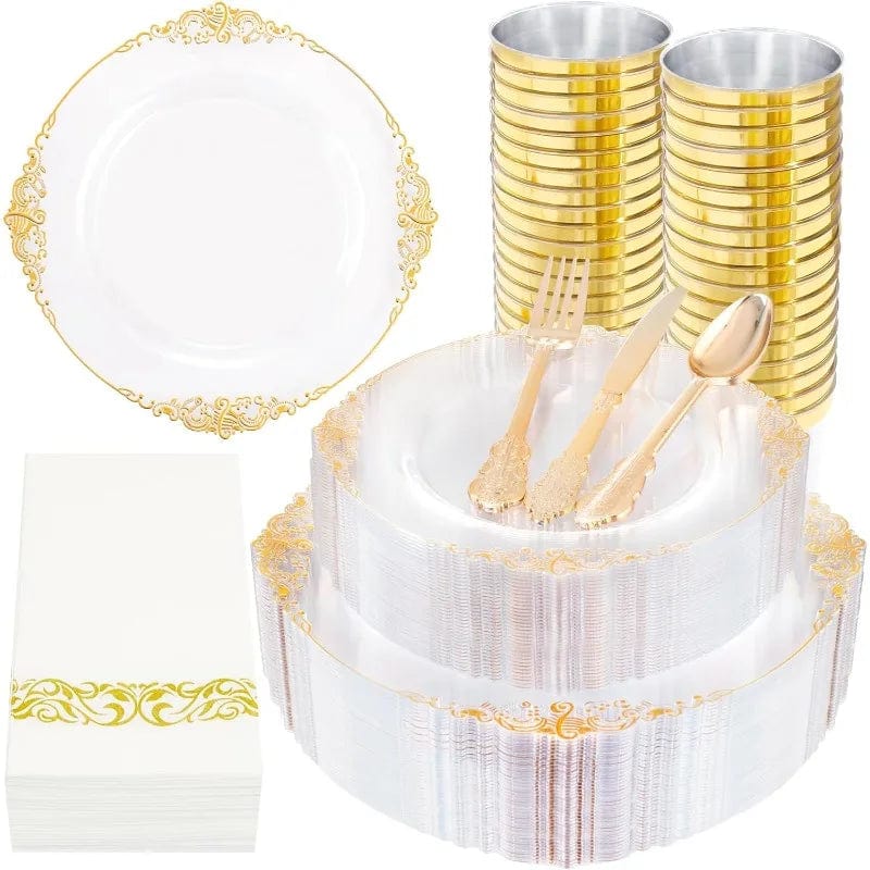 Showlu Fashion Store 350PCS Clear Gold Plastic Plates - Gold Plastic Dinnerware Sets for 50 Guests - 100 Gold Disposable Plates, 150 Plastic