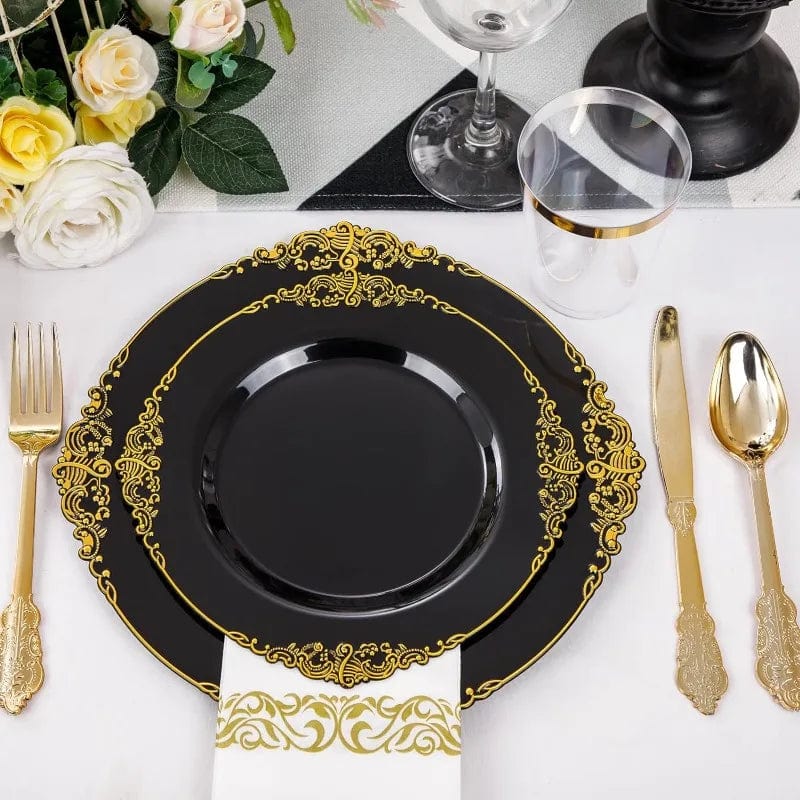 Showlu Fashion Store 350PCS Clear Gold Plastic Plates - Gold Plastic Dinnerware Sets for 50 Guests - 100 Gold Disposable Plates, 150 Plastic