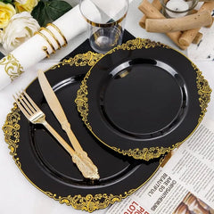 Showlu Fashion Store 350PCS Clear Gold Plastic Plates - Gold Plastic Dinnerware Sets for 50 Guests - 100 Gold Disposable Plates, 150 Plastic