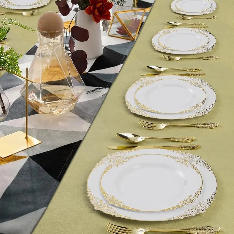 Showlu Fashion Store 350PCS Clear Plastic Plates for 50 Guests, Disposable Dinnerware Sets Include 100 Gold Rim Plastic Plates, 50 Silverware