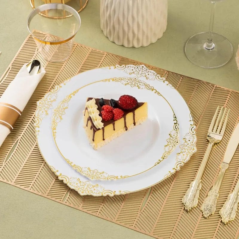 Showlu Fashion Store 350PCS Clear Plastic Plates for 50 Guests, Disposable Dinnerware Sets Include 100 Gold Rim Plastic Plates, 50 Silverware