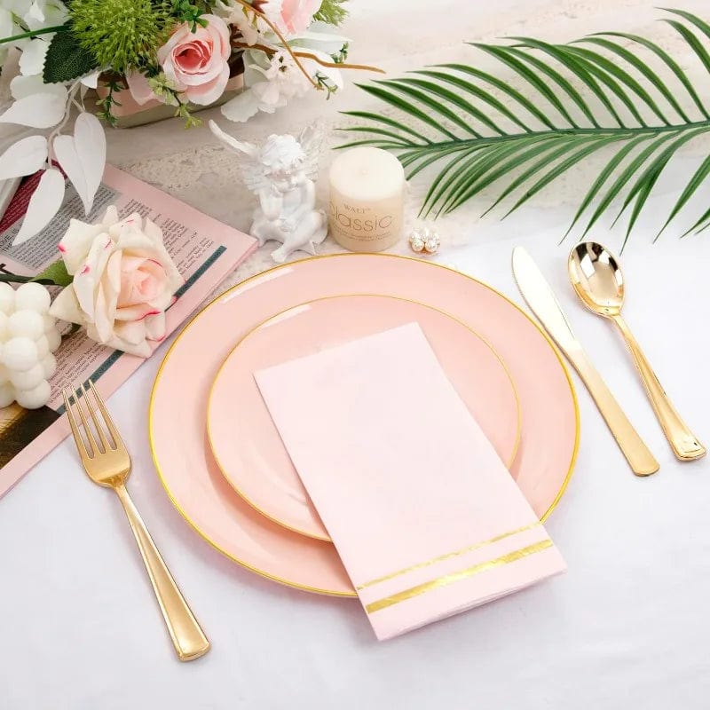 Showlu Fashion Store 350PCS Pink and Gold Plastic Plates - Pink Disposable Plastic Dinnerware Set for 50 Guests Include 50 Dinner Plates