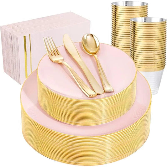 Showlu Fashion Store 350PCS Pink and Gold Plastic Plates - Pink Disposable Plastic Dinnerware Set for 50 Guests Include 50 Dinner Plates