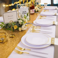 Showlu Fashion Store 350PCS White and Gold Plastic Plates - Gold Plastic Dinnerware Set with Pre Rolled Napkins