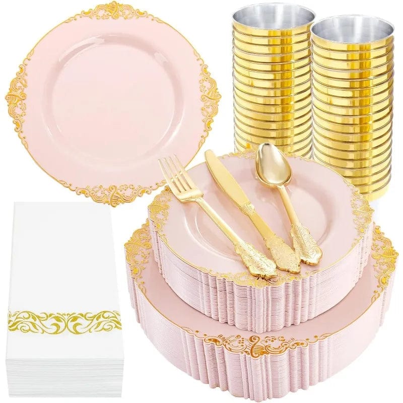 Showlu Fashion Store 350PCS White and Gold Plastic Plates - Gold Plastic Dinnerware Set with Pre Rolled Napkins