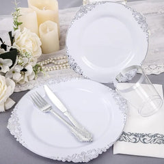 Showlu Fashion Store 350PCS White and Gold Plastic Plates - Gold Plastic Dinnerware Set with Pre Rolled Napkins