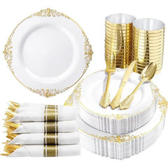 Showlu Fashion Store 350PCS White and Gold Plastic Plates - Gold Plastic Dinnerware Set with Pre Rolled Napkins