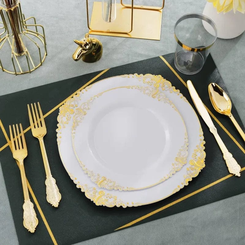 Showlu Fashion Store 350PCS White and Gold Plastic Plates - Gold Plastic Dinnerware Set with Pre Rolled Napkins