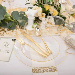 Showlu Fashion Store 350PCS White and Gold Plastic Plates - Gold Plastic Dinnerware Set with Pre Rolled Napkins