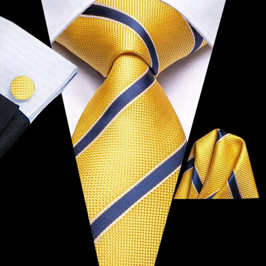 SHOWLU FASHION STORE 3747 Luxury Yellow Blue Striped   New Fashion Brand Ties for Men Wedding Party Necktie Set Handkerchief Cufflinks Gift Wholesale