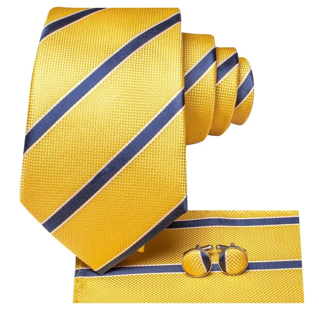 SHOWLU FASHION STORE 3747 Luxury Yellow Blue Striped   New Fashion Brand Ties for Men Wedding Party Necktie Set Handkerchief Cufflinks Gift Wholesale