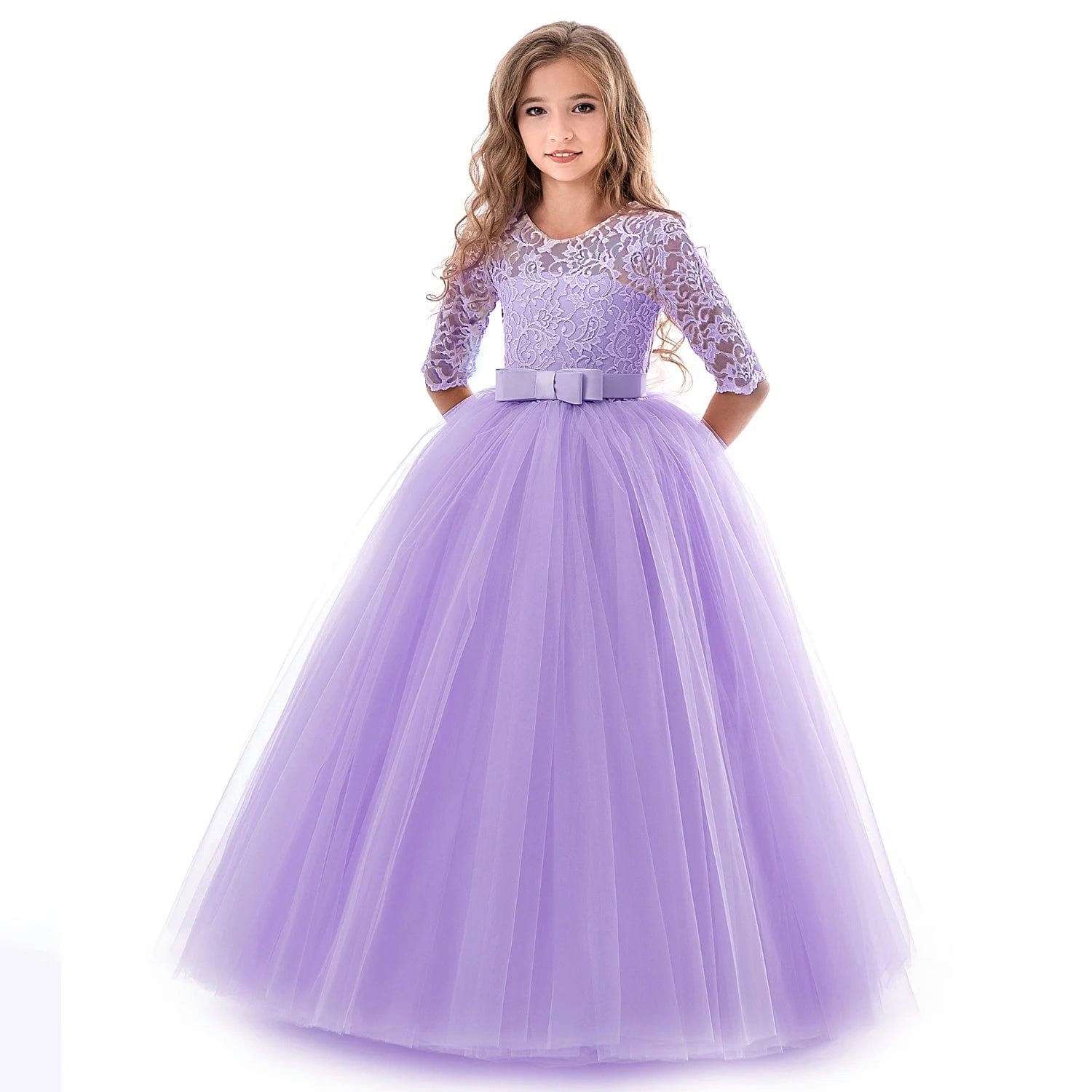  Showlu Fashion Store 378 Purple / 6 Girls Lace Long Prom Gowns Bridesmaid Kids Dresses For Girls Teens Girl Party Dress Kids Princess Evening Formal Wedding Vestido