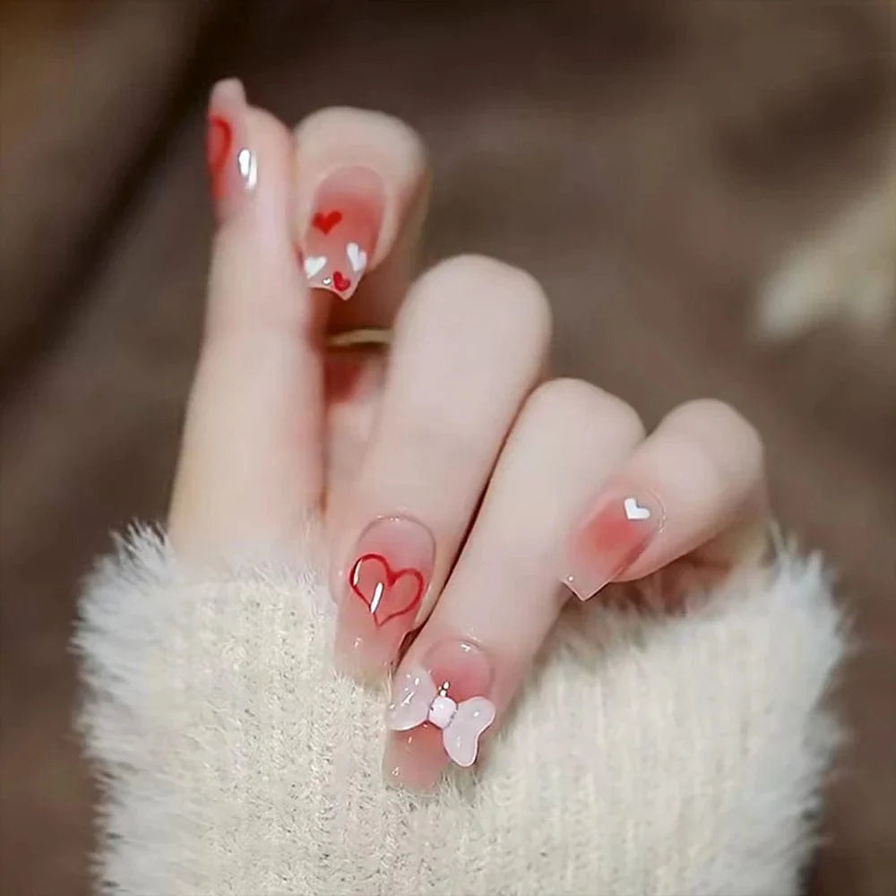 Showlu 24pcs mid-length coffin press-on acrylic false nail tips with natural ballet design for easy, stylish manicures.
