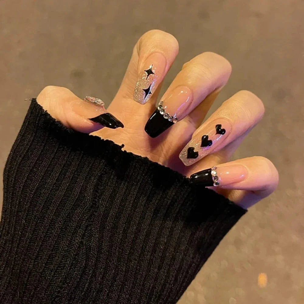 Showlu 24-piece mid-length coffin press-on nails with acrylic false nail tips for natural, full-cover nail art and easy wear.