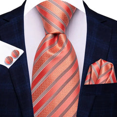 SHOWLU FASHION STORE 3851 Striped Orange Tie For Men 2023 New Elegant Mens Necktie Pocket Square Cufflinks Groom Wedding Accessory Hi-Tie Design Wholesale