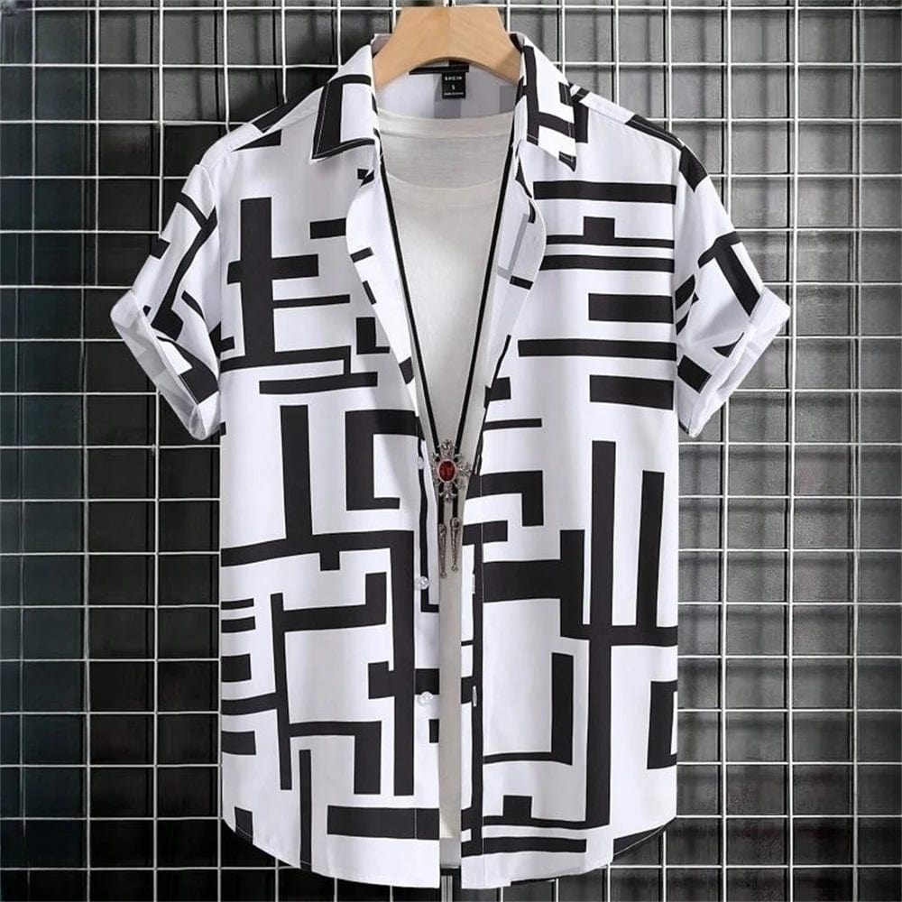 SHOWLU FASHION STORE 3D Printed Geometry Men's Shirts Color Block Graphics Fashion Button Short Sleeve Lapel Hawaiian Blouse shirts for men Summer