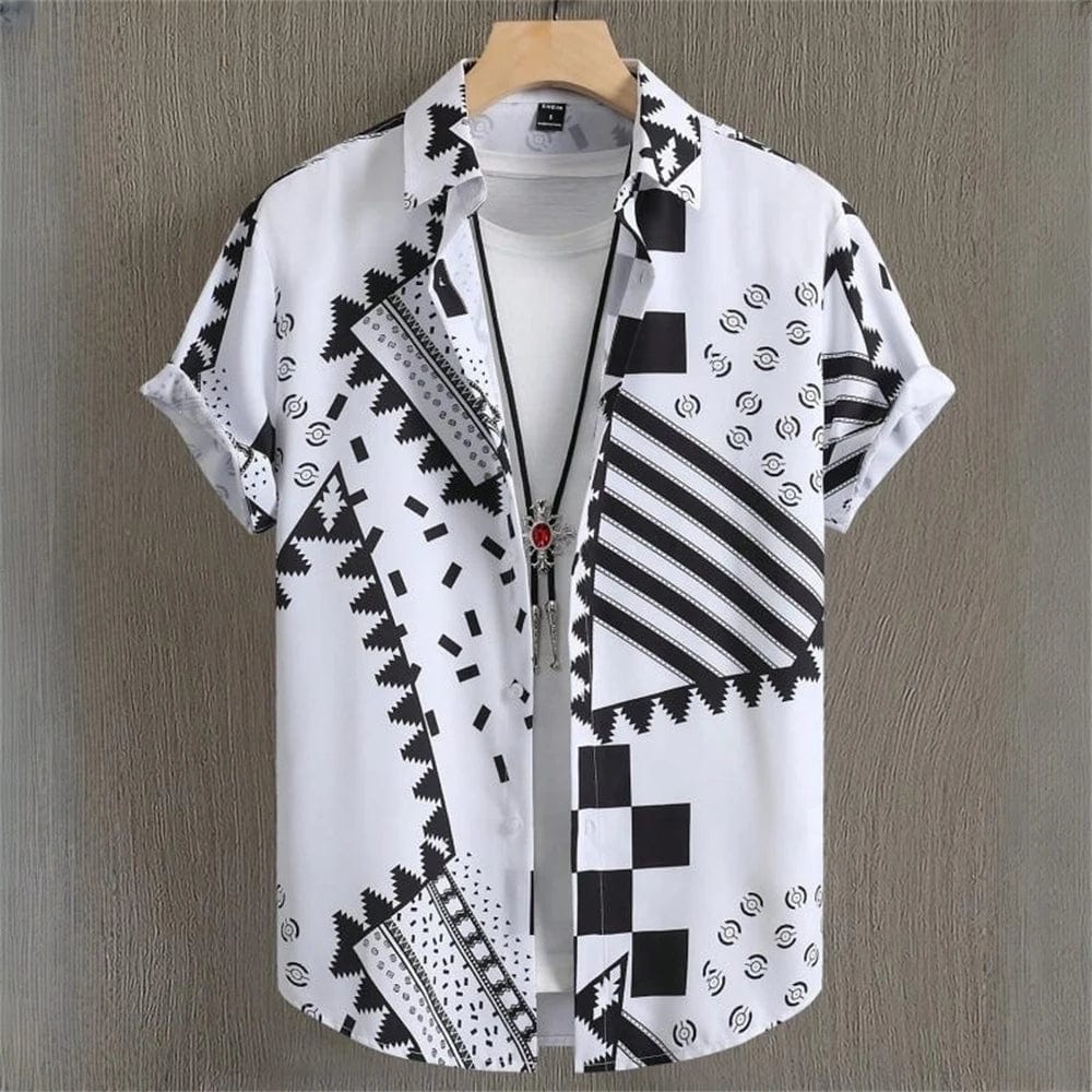 SHOWLU FASHION STORE 3D Printed Geometry Men's Shirts Color Block Graphics Fashion Button Short Sleeve Lapel Hawaiian Blouse shirts for men Summer