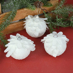 Showlu Fashion Store 3pcs/Box Christmas Tree Ornaments White Glitter Petal Shape Balls Foam Snow Ball Christmas Pendants New Year Home Hanging Decor