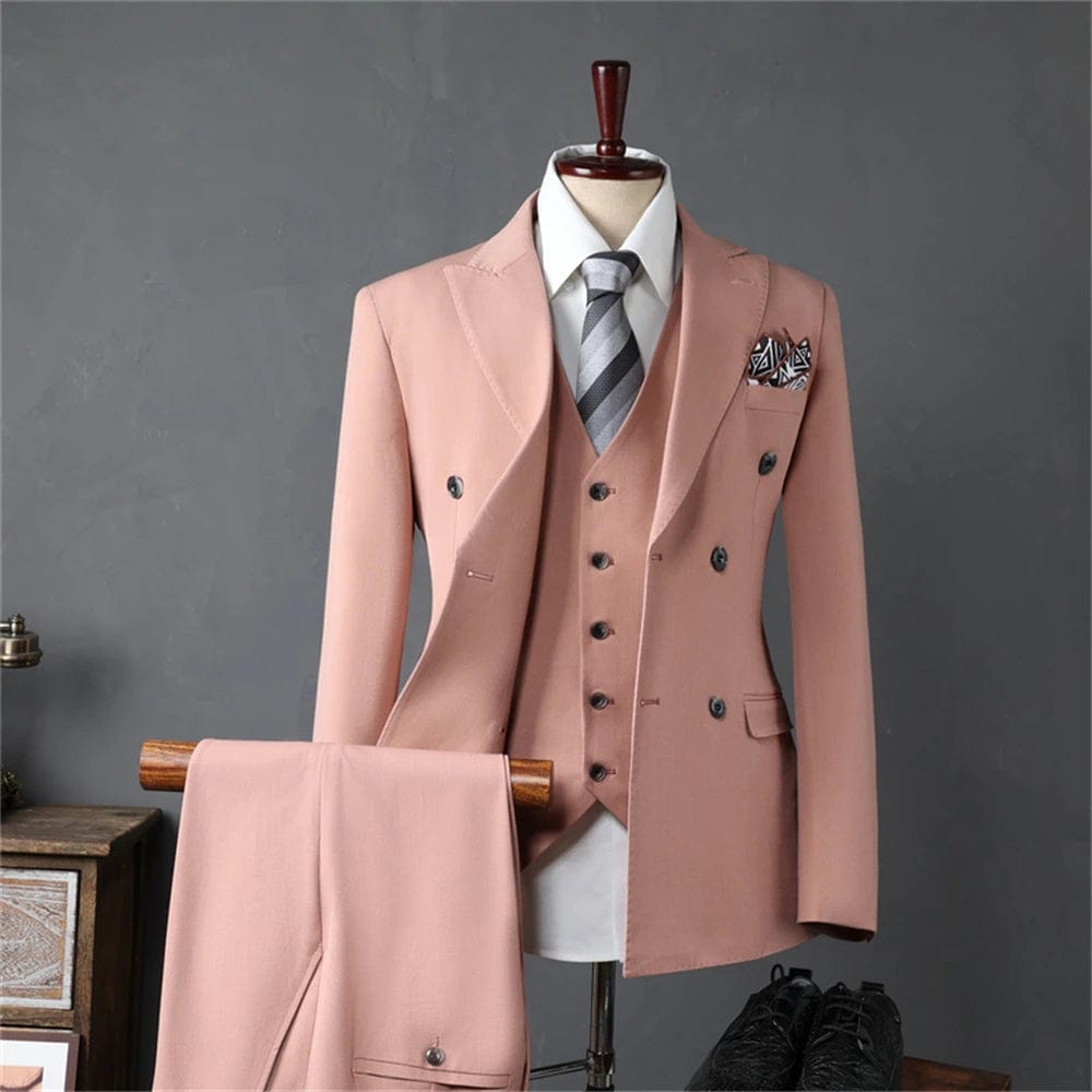 SHOWLU FASHION STORE 3pcs Pink / S(44-49.5kg) Autumn Winter Double Breasted Men's Formal Suit Set, Jacket, Vest, Pant, Slim Fitting Office Business Tuxedo Set For Men