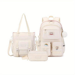  Showlu Fashion Store 3pcs Set-milk White Kawaii Backpack For School With Convertible Shoulder Tote Bag, Cute Multiple Pockets Backpack For Primary Elementary High School, 3 Pcs Set