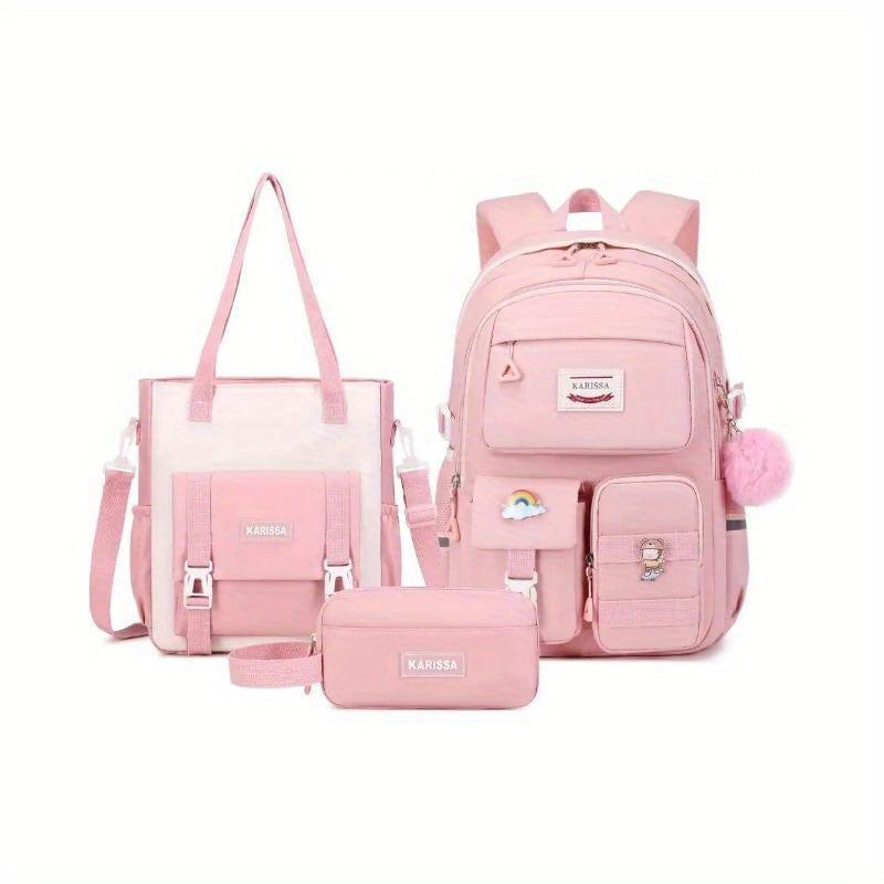  Showlu Fashion Store 3pcs Set-pink Kawaii Backpack For School With Convertible Shoulder Tote Bag, Cute Multiple Pockets Backpack For Primary Elementary High School, 3 Pcs Set