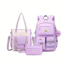  Showlu Fashion Store 3pcs Set-purple Kawaii Backpack For School With Convertible Shoulder Tote Bag, Cute Multiple Pockets Backpack For Primary Elementary High School, 3 Pcs Set