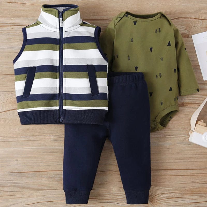 Showlu Fashion Store 3Piece Spring Autumn Toddler Boy Clothing Korean Casual Fashion Stripe Vest+Bodysuit+Pants Baby Costume Newborn Clothes BC1457