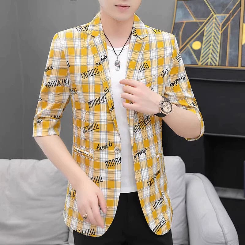 SHOWLU FASHION STORE 3XL / Big Yellow 916 half sleeve Summer Silm Half Sleeve Casual Plaid Handsome Suit