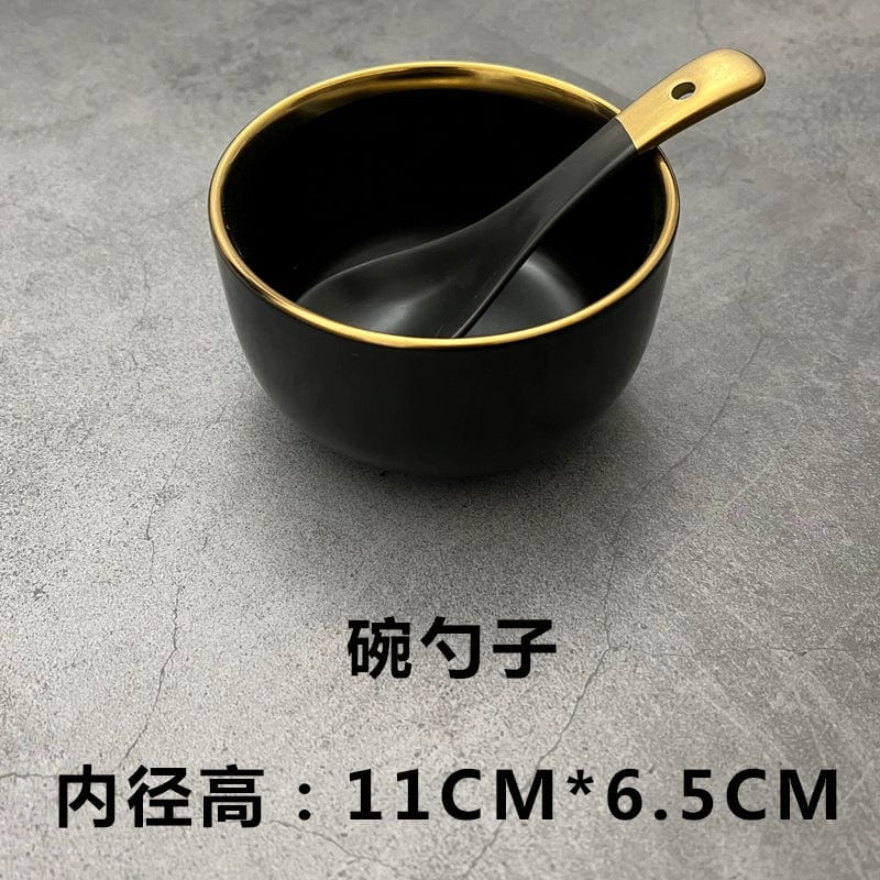  Showlu Fashion Store 4.5 inch ceramic bowl with spoon Hotel Table Setting Household Bone China Set Black Golden Edge Luxury Model Room Tableware Flat Plate Western Food/Steak Dinner Plate Dish