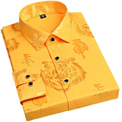  Showlu Fashion Store 4 / M Spring Men's Long-sleeved Shirt, Tiger Print Orange Lapel Single-breasted Top Hanfu  Slim Fit  Shirt Men  Japanese Fashion