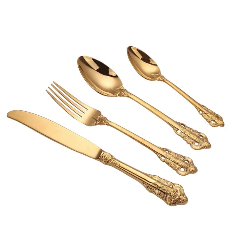 Nordic Relief Golden stainless steel Western tableware set with knife, fork, and spoon, featuring elegant relief designs