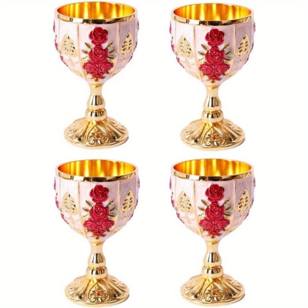 Showlu Fashion Store 4 PCS 1 Set 30 Ml Goblet Vintage Metal Embossed Wine Cup Retro Creative Small Liquor Cup Gold European Style Metal Glass Metal Small Wine Cup.(4 Pcs)