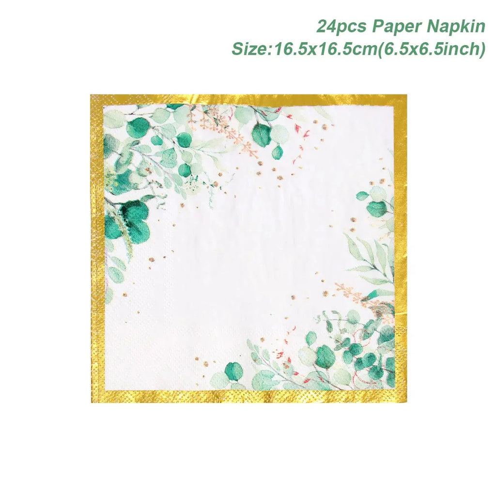 Sage green and gold disposable tableware set including paper plates, cups, and napkins for wedding or party decor.