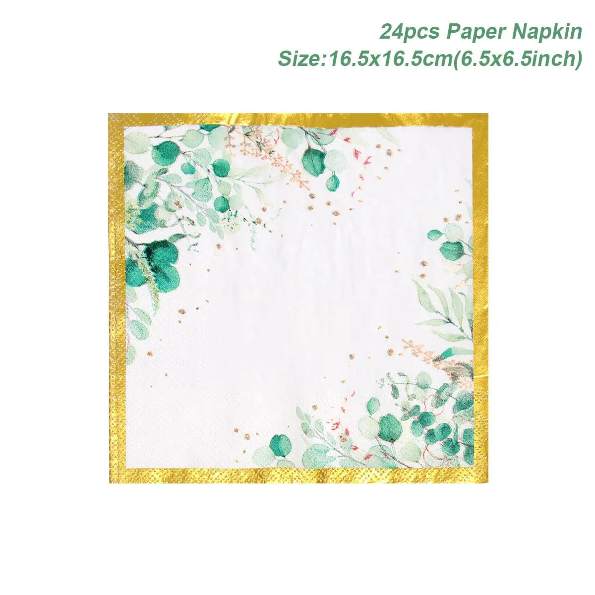 Sage green and gold disposable tableware set including paper plates, cups, and napkins for wedding or party decor.