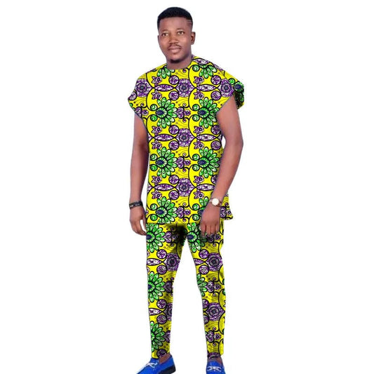  Showlu Fashion Store 4 / XXXL Raglan Sleeve Design Summer African Men's Set Tops+Elastic Waist Pants Print Outfits Tailored Nigerian Party Wear