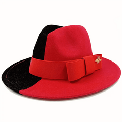 Showlu Fashion Store 40 / 56-58cm / China Bow Tie Fedora Hat Winter Round Bumpy Surface Flat Top Bow Tie Elastic Band Men's and Women's Red Jazz Hat Fedora