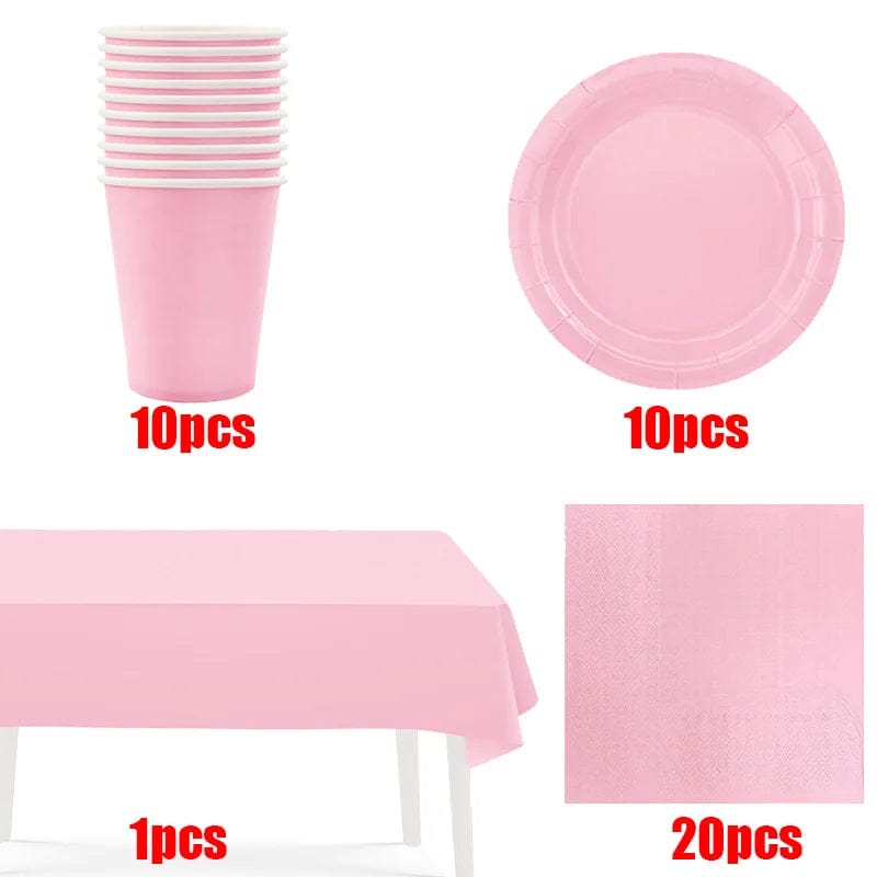  Showlu Fashion Store 41pcs New Solid Color Party Set Light Pink Disposable Tableware Paper Cup Paper Plate Tablecloth For Kids Baby Shower Party Supplies