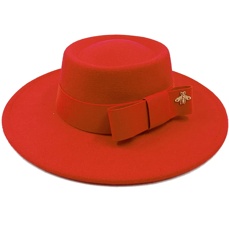 Showlu Fashion Store 45 / 56-58cm / China Bow Tie Fedora Hat Winter Round Bumpy Surface Flat Top Bow Tie Elastic Band Men's and Women's Red Jazz Hat Fedora