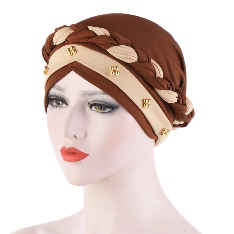 Showlu Two-Color Cotton Braid Turban Bonnet with pearls, Muslim women’s inner hijab cap, comfortable headscarf for women.