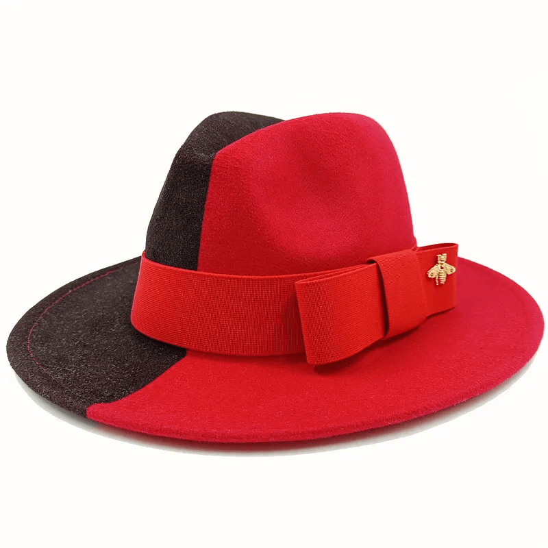 Showlu Fashion Store 49 / 56-58cm / China Bow Tie Fedora Hat Winter Round Bumpy Surface Flat Top Bow Tie Elastic Band Men's and Women's Red Jazz Hat Fedora