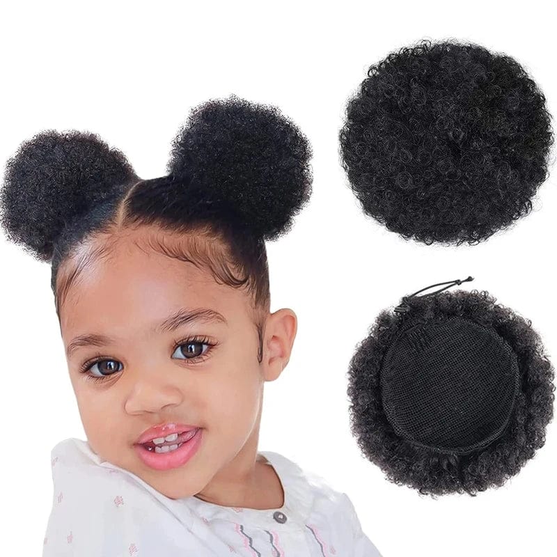 Showlu Fashion Store 4Inch Afro Puff Drawstring Ponytail for Girls Kids Black Women Small Size Synthetic Hair Buns Kinky Curly Hair Donut Chignon