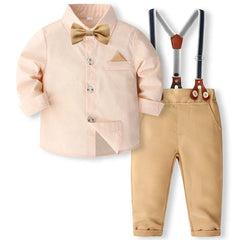  Showlu Fashion Store 4PCS / 5Y Spring Toddler Boy Outfits Korean Fashion Gentleman Cotton Long Sleeve Shirt+Pants+Straps+Tie Kids Boutique Clothes Sets BC521