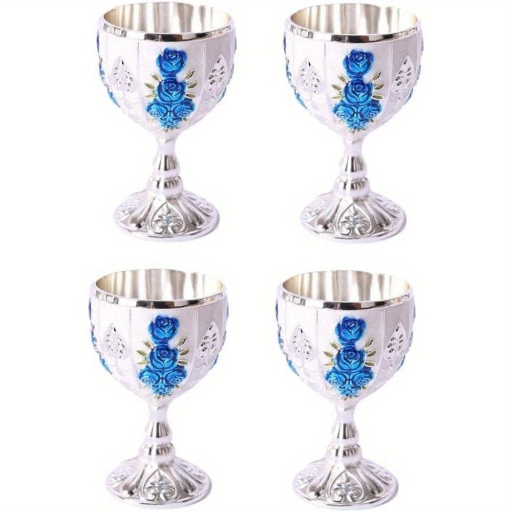 Showlu Fashion Store 4pcs blue white sliver 4 PCS 1 Set 30 Ml Goblet Vintage Metal Embossed Wine Cup Retro Creative Small Liquor Cup Gold European Style Metal Glass Metal Small Wine Cup.(4 Pcs)